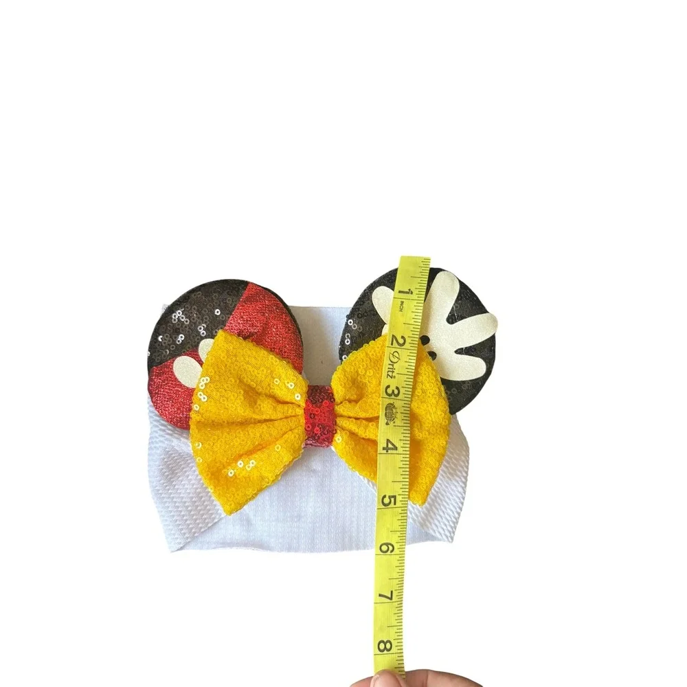 Baby Mickey Inspired Head Wrap Bow White Nylon Headband Yellow Sequin Ears